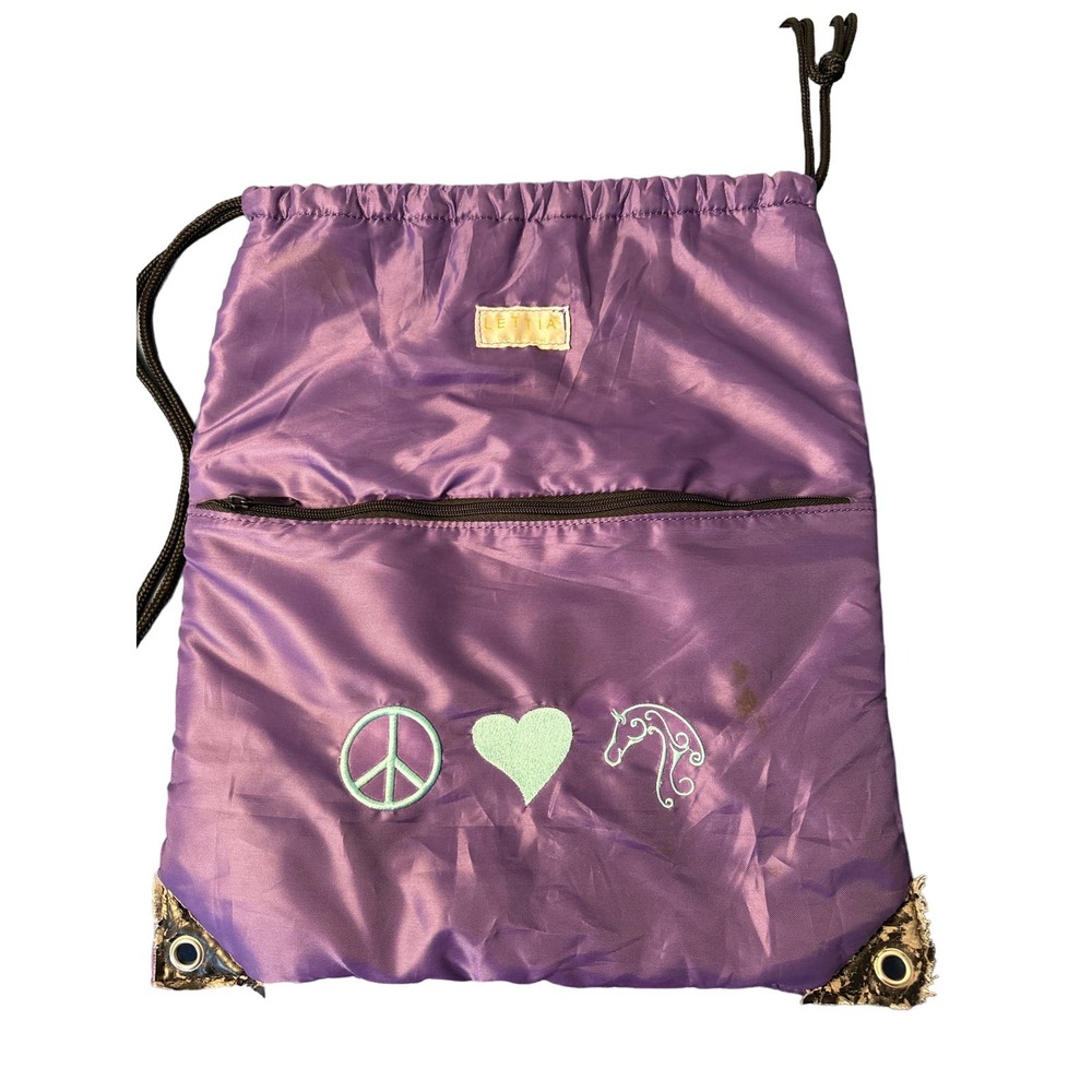 Lettia Collection Purple Horse Peace Heart Drawstring Backpack Fleece Lined Bag